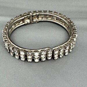 Vintage Silver Tone Triple Row Rhinestone Hinged Bangle Bracelet Bypass Clear